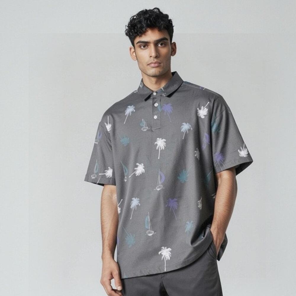 NWT Yatta Golf Polo Shirt Mens L Pura Vida Palm Trees & Sailboats Short Sleeve
